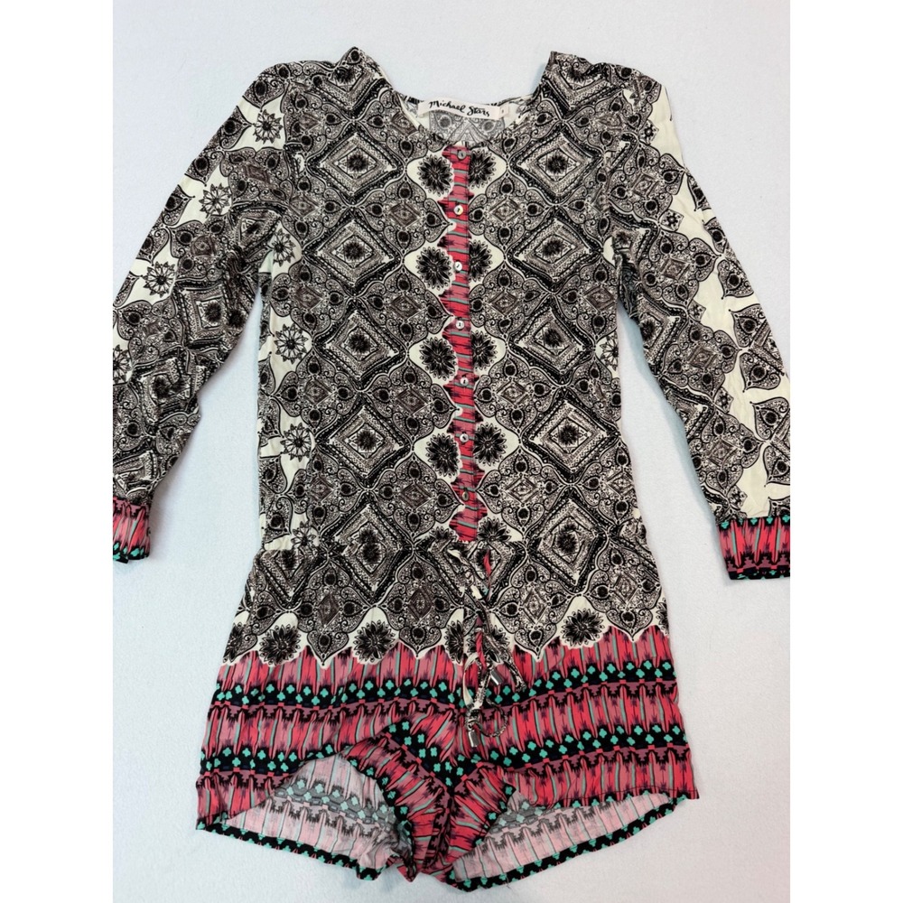Michael Stars Womens Boho Paisley Print Long Sleeve Romper Pink Black White S